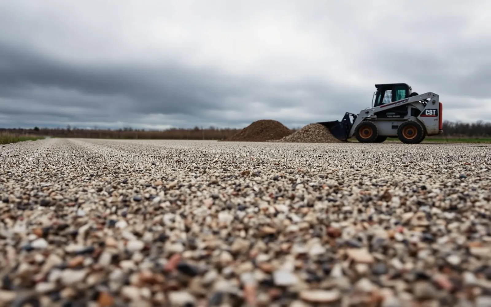 Skid steer grading a gravel driveway